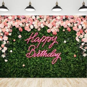 Riyidecor Green Leaves Happy Birthday Backdrop Polyester Fabric Neon Pink Floral Rose Flower Blossom Botanical Plant Nature 8Wx6H Feet Girls Women Photography Background Birthday Photo Studio Shoot (A-Birthday Green Rose)