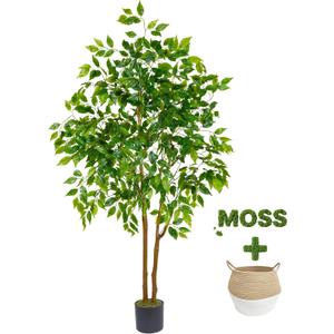 Warmplants Artificial Ficus Tree, 5ft Tall Fake Ficus Tree with Basket, Faux Plant for Indoor Outdoor Home Livingroom Office Garden Porch Dcor