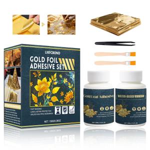Gold Leaf Sheets for Art Gilding Adhesive Set 50ml Water Based Metal Leaf Glue and 50ml Protective Varnish, Gold Foil Sheets 50 pcs for Painting, Furniture and Decoration