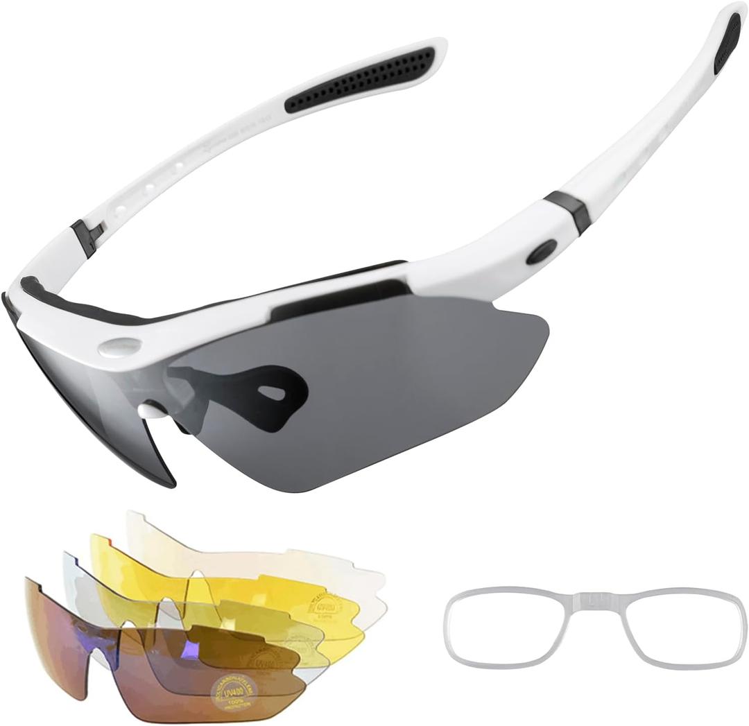 ROCKBROS Polarized Cycling Glasses for Men, Sports Glasses with 5 Interchangeable Lens for Running, Pickleball, Baseball, One Size