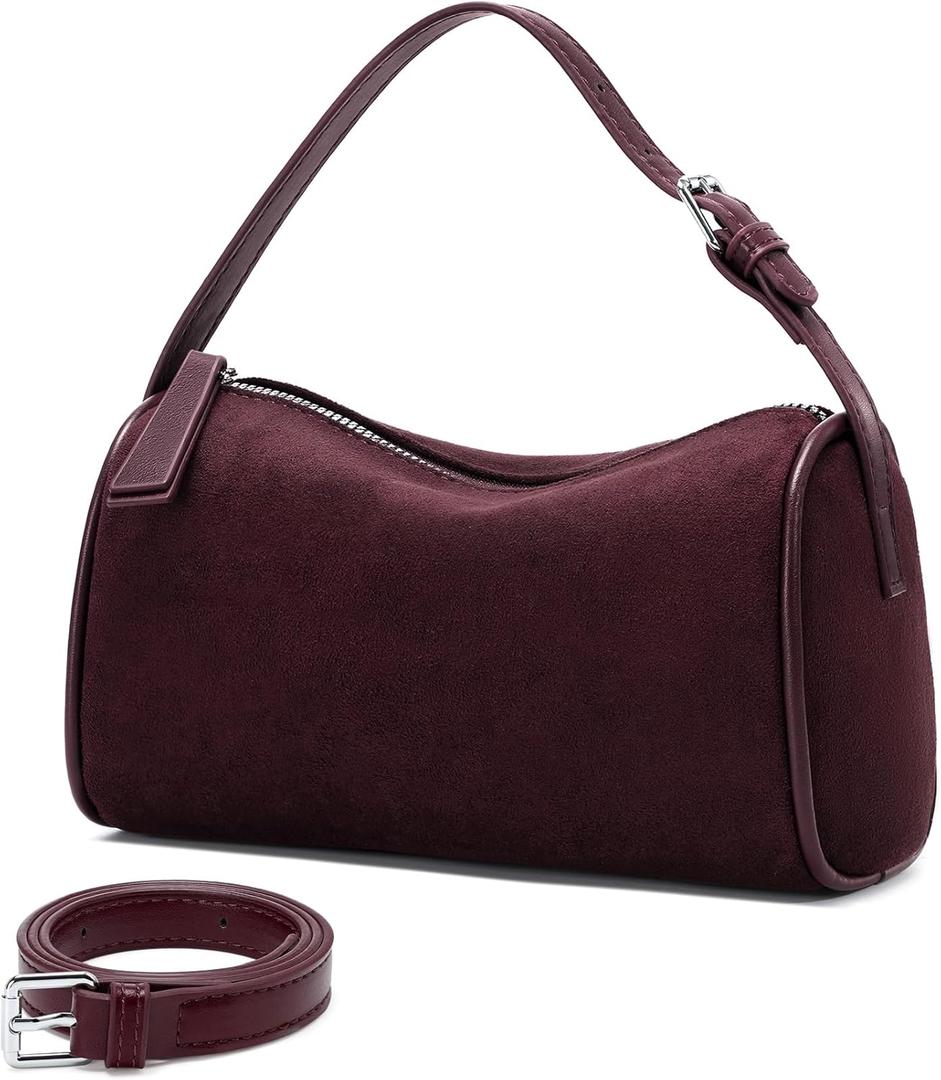 Suede Leather Crossbody Purses Bag for Women,Small Barrel Hobo Purse with Adjustable Strap Designer Fall Shoulder Handbags (Burgundy)