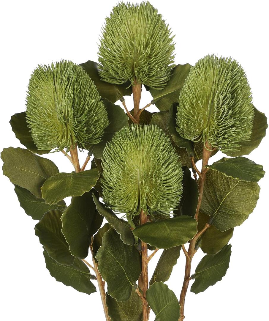 4Pcs Artificial Flowers Bouquets 23 Inch Fake Fall Flower Green Long Stem Autumn Faux Banksia Flowers Floral Arrangements for Home Bedroom Table Wedding Party Boho Decor