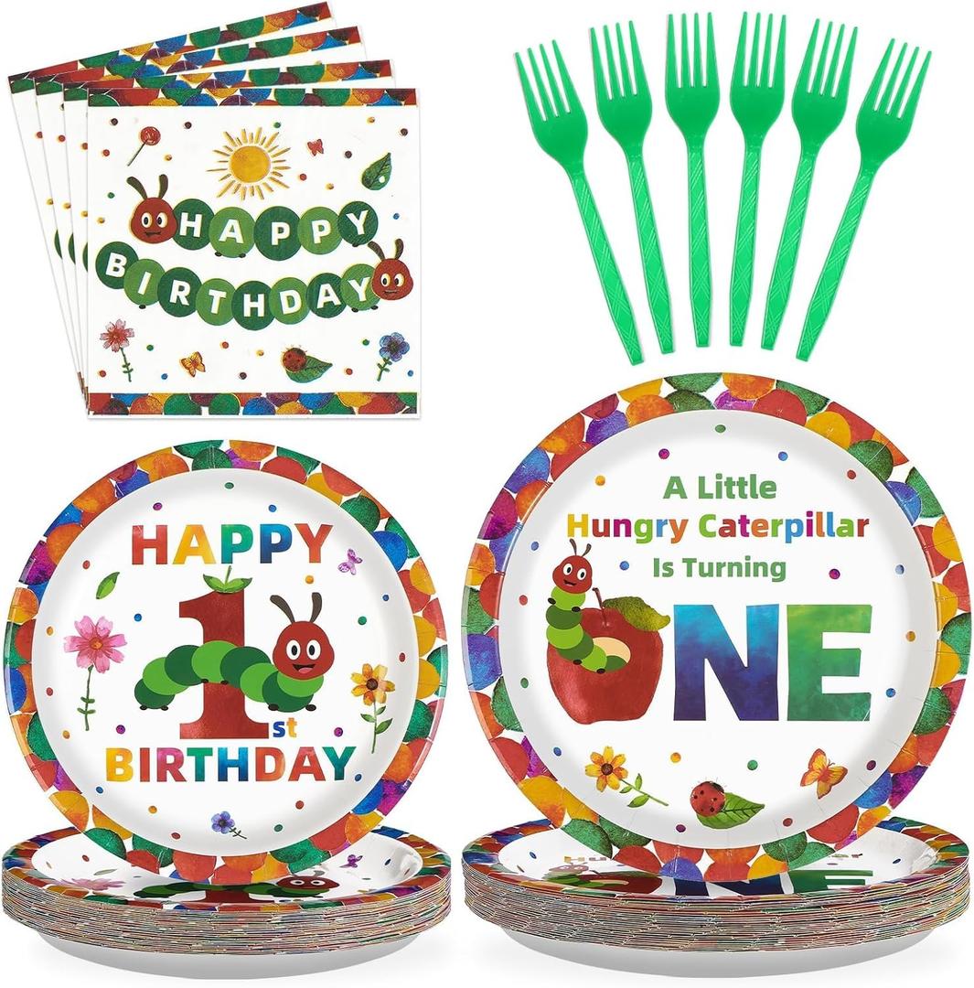 Grencian 200Pcs Caterpillar 1st Birthday Party Supplies A Hungry Green Insect is Turning One Plates and Napkins Tableware Set Hungry Caterpillar Party Decoration for Boys Birthday Baby Shower Serve 50