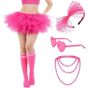 5pcs Tutu Costume Accessories for Women with 5 Layered Tulle Skirt Headband Glasses Socks Necklace for Dance Party (Pink)