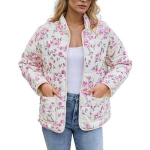 Aimiray Women's Cropped Floral Puffer Jacket Cardigan Printed Lightweight Open Front Padded Quilted Coats Medium