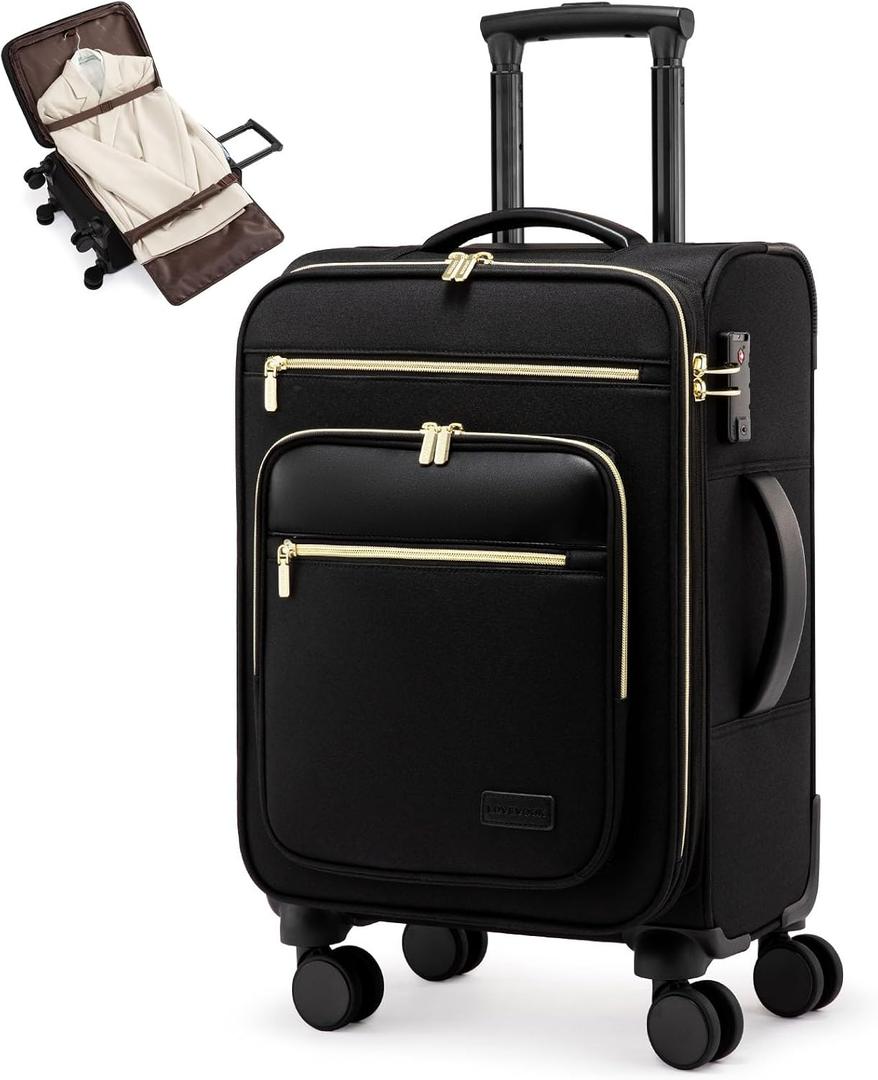 LOVEVOOK Carry on Suitcase 22x14x9 Airline Approved,20 inch Lightweight Waterproof Suitcases with 360 silent swivel wheels, TSA Lock and Compartment, Large Capacity travel Suitcase Black, 20 inch with garment compartment