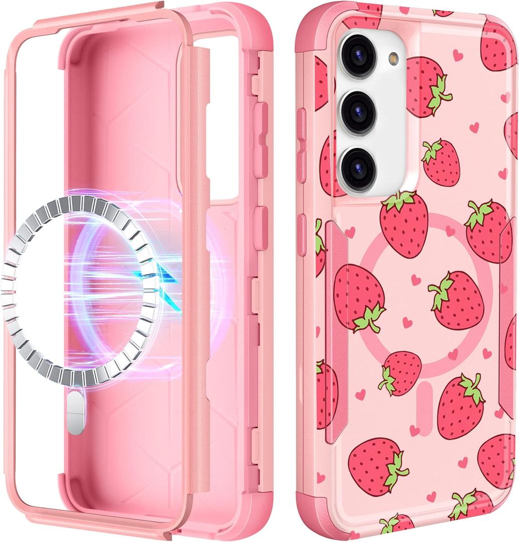 for Samsung Galaxy S24 Plus/S25 Plus Case - [Compatible with MagSafe] Women Cute Girls Magnetic Phone Cover Strawberry Girly Kawaii Heavy Duty Shockproof for Samsung S25+ Plus/S24+ Plus Cases