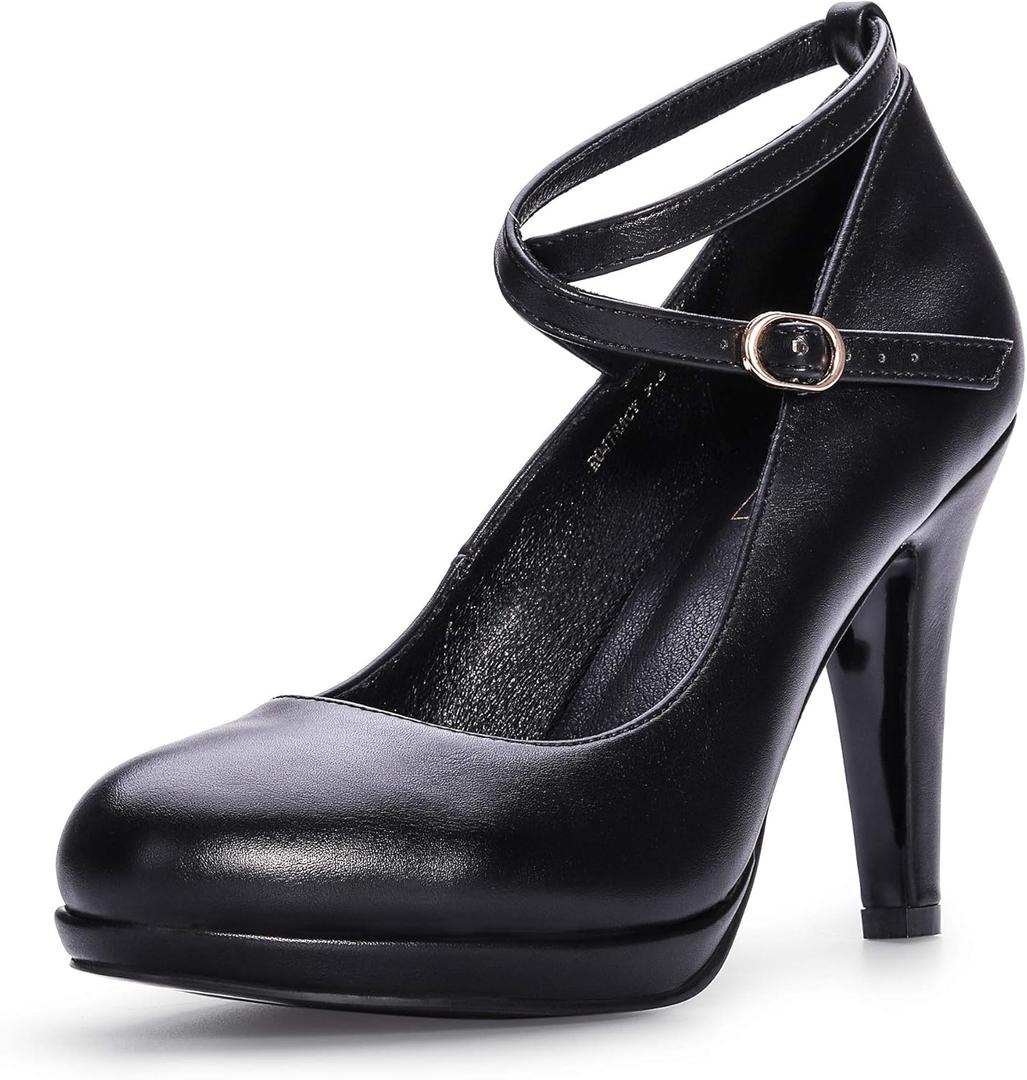 IDIFU Women's Tracy Platform High Heels Closed Toe Pumps Strappy Cross Ankle Strap Shoes for Casual Work Wedding (8 M US, Black)