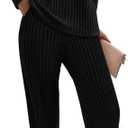 PRETTYGARDEN Women's 2 Piece Lounge Sets Ribbed Knit Long Sleeve V Neck Pullover Tops Wide Leg Pants Spring Fall Outfits (Black), S