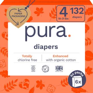 Pura Size 4 Eco-Friendly Diapers (18-31 lbs) Hypoallergenic, Soft Organic Cotton, Sustainable, up to 12 Hours Leak Protection, Allergy UK, Recyclable Packaging, 6 Packs of 22 (132 Diapers) (Size 4 (132 Diapers))