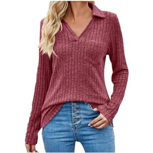 Corset Tops for Women Solid Color V Neck Knit Shirts Long Sleeve Pullover with Pockets Casual Slim Blouse, 3XL