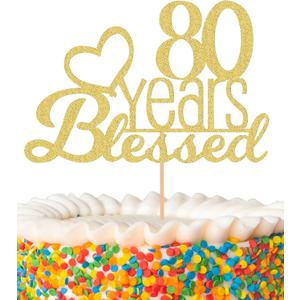 80 Years Blessed Cake Topper - Glitter Gold 80th Birthday Cake Decorations, Eighty Wedding Anniversary Cake Pick