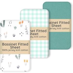 100% Jersey Cotton Bedside Bassinet Sheets 21"x35" Fits Airclub, venowu, Larex 3 in 1, and HARPPA Baby Bassinet, Super Soft and Breathable Bassinet Fitted Sheets, 3 Pack, Green