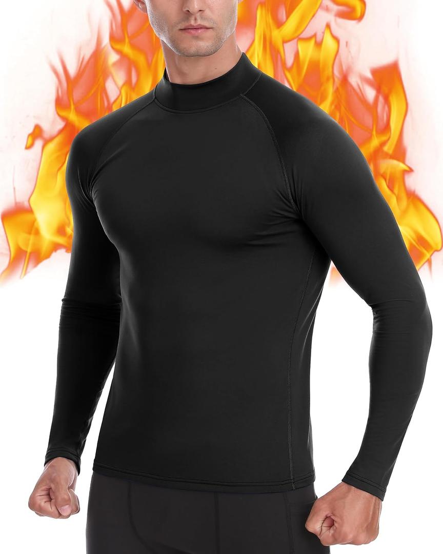 Thermal Compression Shirts for Men, Fleece Lined Long Sleeve Turtle Mock Neck Shirt, Cold Weather Running Athletic Base Layer Tops Black (XL)