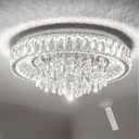 Modern Silver Ceiling Crystal Chandeliers: K9 Crystals Led Light Dimmable with Remote - 20" Round Semi Flush Mount Chandelier Crystal Ceilings Lighting Fixtures for Bedroom Dining Room Living Room