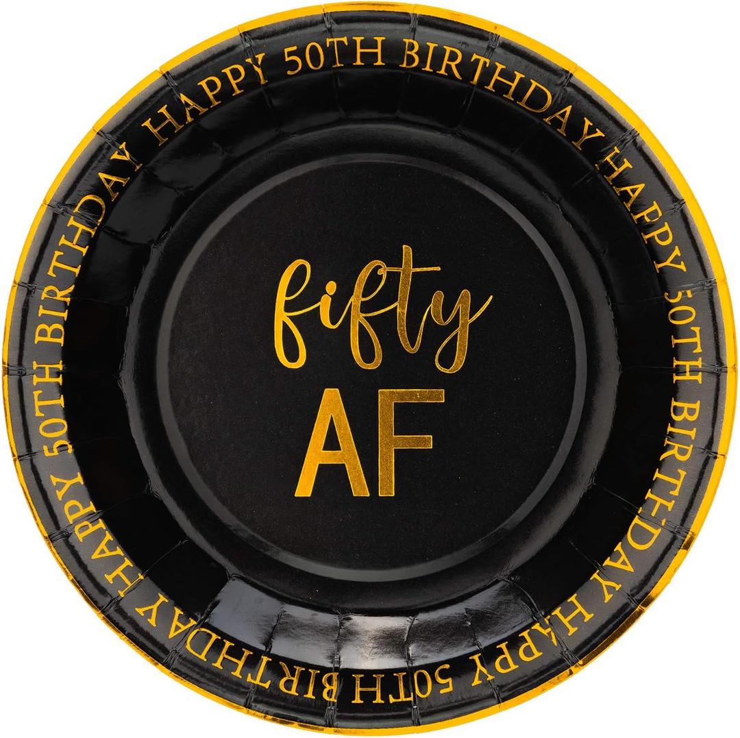 Crisky 'Fifty AF' 50th Birthday Black Gold Theme Plate, 50 Pack, 9" Paper Plates, Durable, Food Grade, BPA-Free, Biodegradable, Not Microwaveable