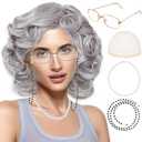 Rrshnsgv 5 Pcs Old Lady Wig and Accessories,Grey Grandma Wigs,Old Lady Wig Costume Set for Halloween Party,Old Woman Cosplay