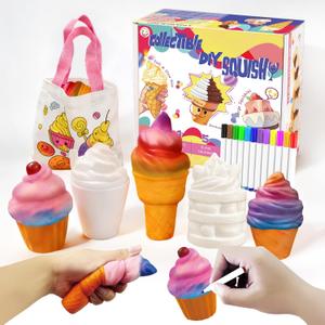 Paint Your Own Squishies with 12 Markers, Ice Cream Squishy Toys for Girls, Jumbo Squishy Coloring Art Kit for Kids Ages 3-12, Birthday Gifts Art Project Supplies Sensory Squeeze Toys