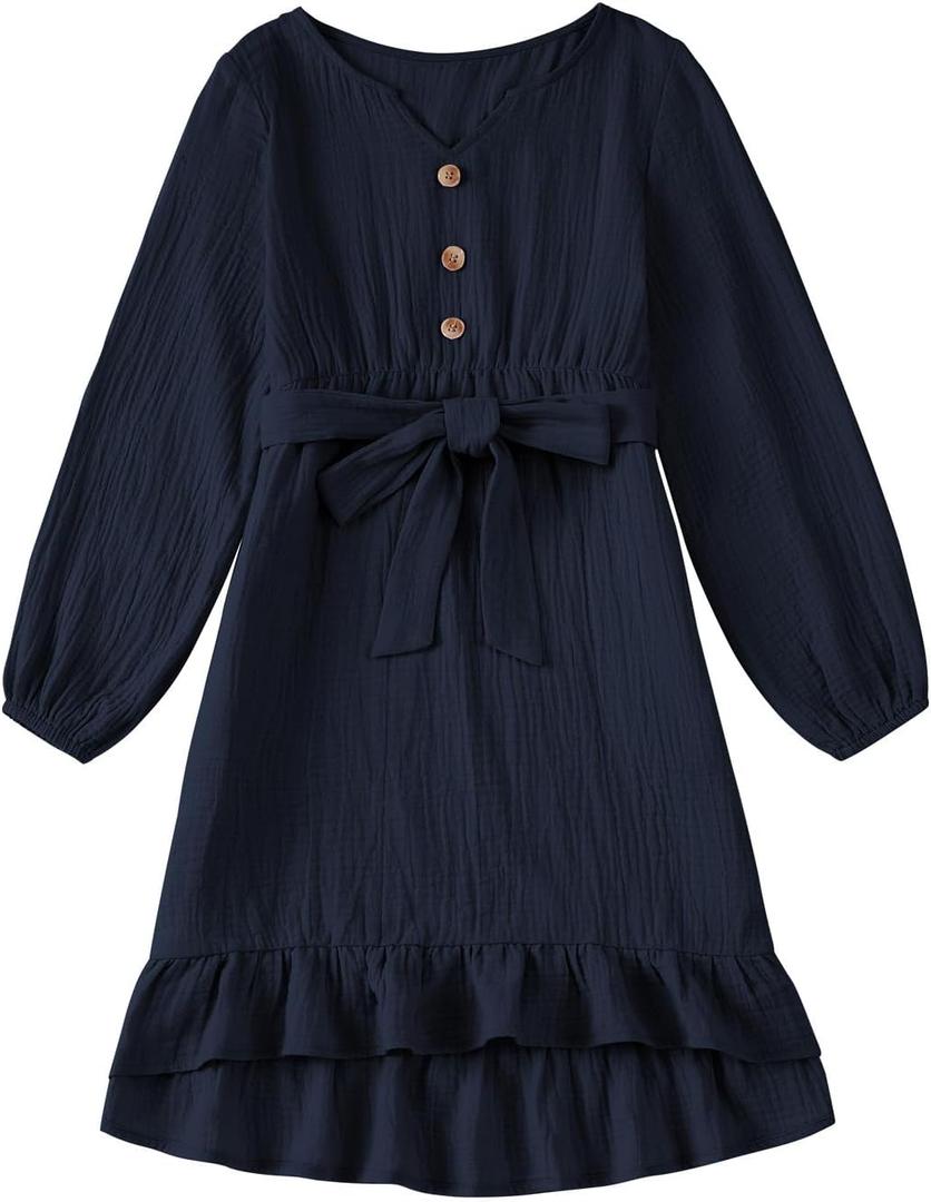blibean Girls Cotton Long Sleeve Dresses Ruffled Semi Formal Dress Size 6-15 Years (Blue, XL)
