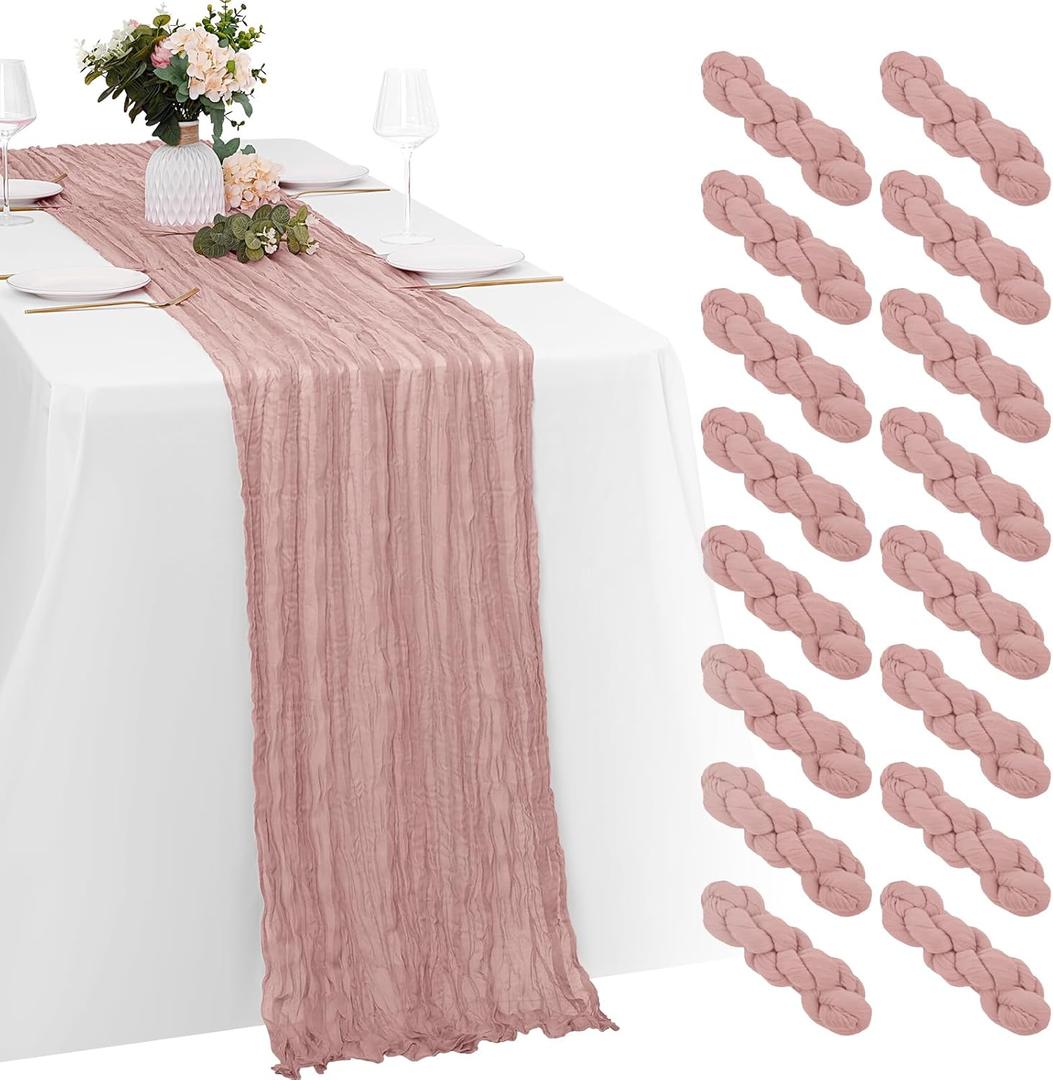 16 Pack Dusty Pink Cheesecloth Table Runners 20x120 Inch Gauze Table Runner Cheese Cloth 10FT Pink Table Runner Rustic Sheer Runner for Wedding Birthday Party Baby Shower Table Decor