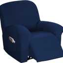 Flamingo P Stretch Recliner Chair Cover Recliner Cover for Electric/Manual Style | Furniture Cover for Reclining with Side Pocket, Soft Checked Jacquard Fabric Form Fitted Standard/Oversized - Navy