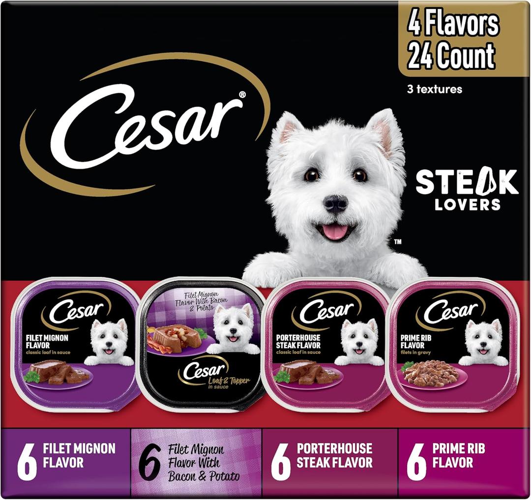 Cesar Wet Dog Food Steak Lovers Variety Pack, Adult, Wet Food for Dogs with Real Meat, 3.5 oz Easy Peel Trays, 24 Count BBD: 

11/03/27