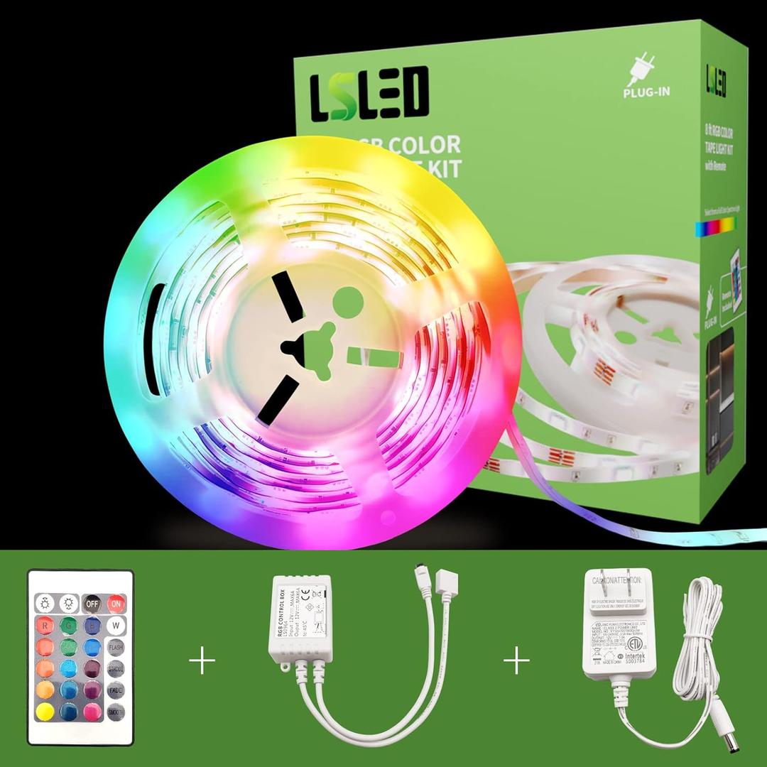 RGB LED Strip Lights for Bedroom, 8ft Color Changing LED Light Strip with Remote Control and PU Coating for Home Decor, Kitchen, Dorm Room, Party, Festival, ETL Listed