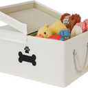 Dog Toy Basket with Double-Open Lid, Divided Dogs Basket for Toys, Collapsible Pet Toy Box, Dog Storage Organizer with 2 Divided Area, Puppy Toys Baskets with Rope Handles, Beige
