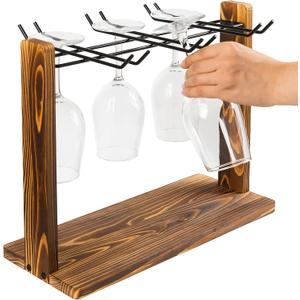 Rustic Glass Hanging Rack Torched Brown Wooden Matte Black Metal Wire 6-Slot Drinking Glassware Holder Champagne Flutes Counter Top Tabletop Drying Displaying Kitchen Bar Dining Table