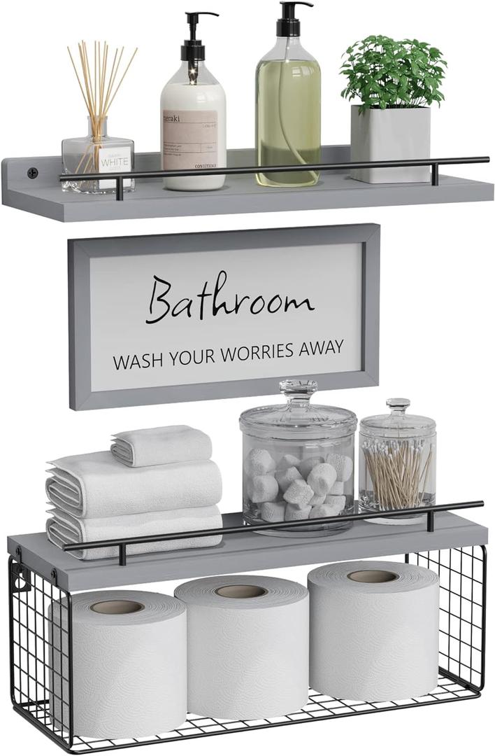 WOPITUES Floating Shelves for Wall Decor Sign, Bathroom Organizers and Storage, Bathroom Shelves Over Toilet with Metal Guardrail-Modern Grey