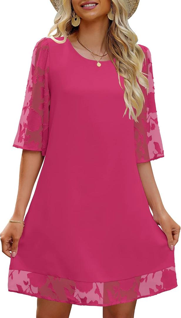 LookbookStore 3/4 Sleeve Dress for Women Shift Cute Summer Tunic Floral Lace Dresses (Pink, S)