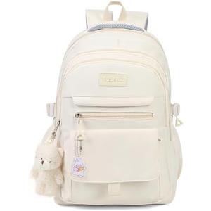 PRLINJSK Girls Backpack for College High Middle School Student, Cute Aesthetic Bookbag for Teens Women with Accessories, Beige