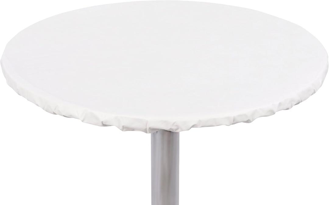 Yourtablecloth Heavy Duty Vinyl Round Fitted Tablecloth (Table Cover) with Flannel Backing Vibrant Colors Elasticized Tablecloth Great for Indoor and Outdoor Dining and Playing Cards 48 White