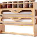 Wrap Dispenser with Cutter and Labels,4-in-1 Wall Mounted Bamboo Plastic Wrap Organizer with Spice shelf and Paper Towel Holder for Aluminum Foil,Cling Wrap,Wax,Parchment,Zipper BagsNatural