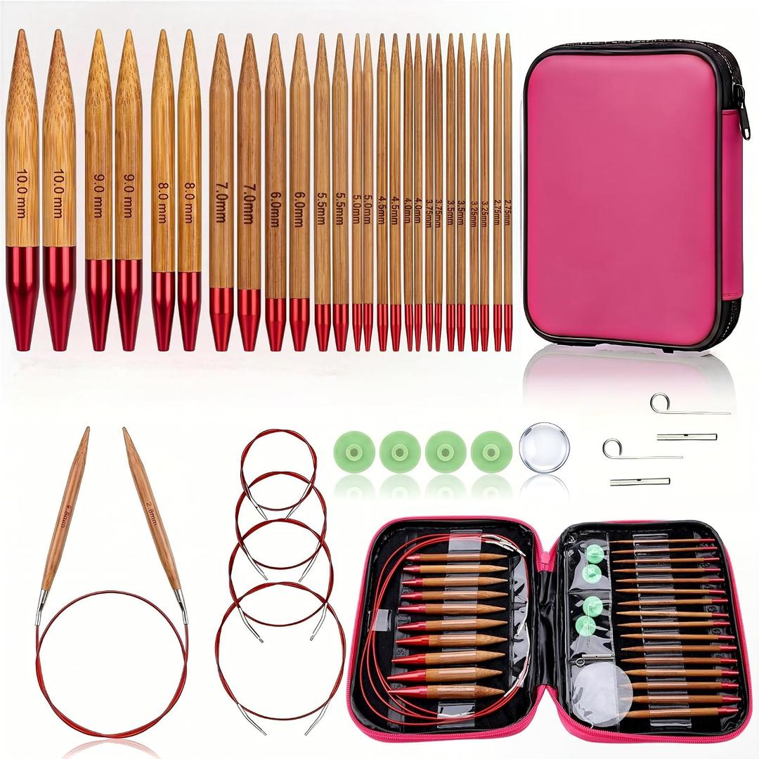 Eatbuy Circular Knitting Needles Set,13 Sizes Interchangeable Carbonized Bamboo Needles Set Crochet Needle with Storage Bag for DIY Handmade Knitting Projects