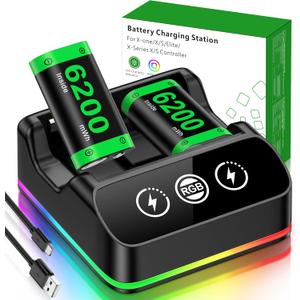 DINOSTRIKE 2X 6200mWh Controller Battery Pack Rechargeable Compatible with Xbox One【RGB Charging Station】【Extended USB C Cable】 Rechargeable Battery for Xbox Series S/ X