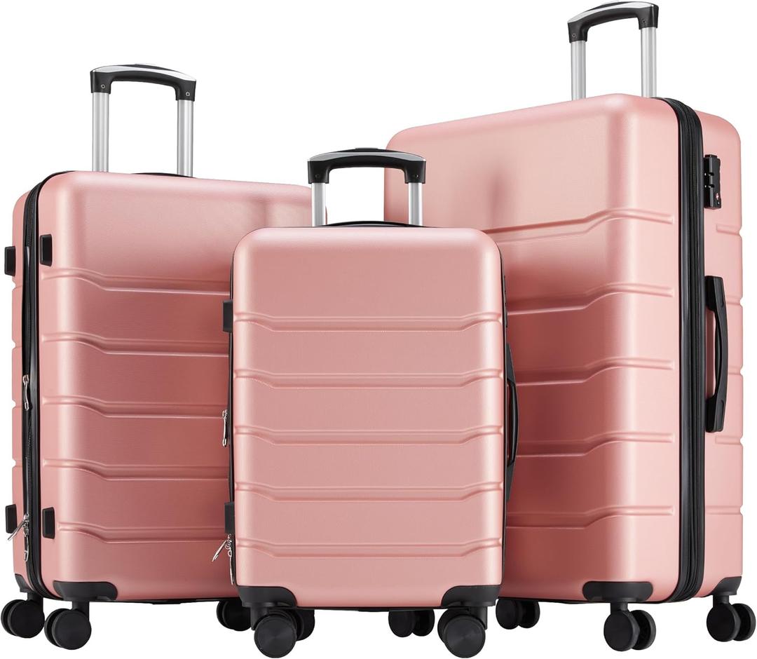 Sweetcrispy Luggage Travel Hard Shell Suitcases with TSA Lock, Pink, 3-Piece Set (20/24/28)