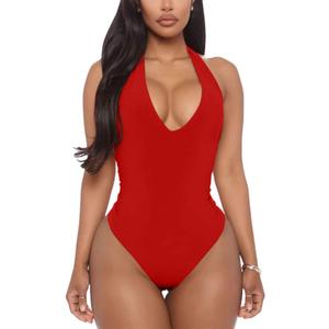 YMDUCH Women's Sexy Sleeveless Halter V Neck Backless Leotard Bodysuit Tops (Large, Red)