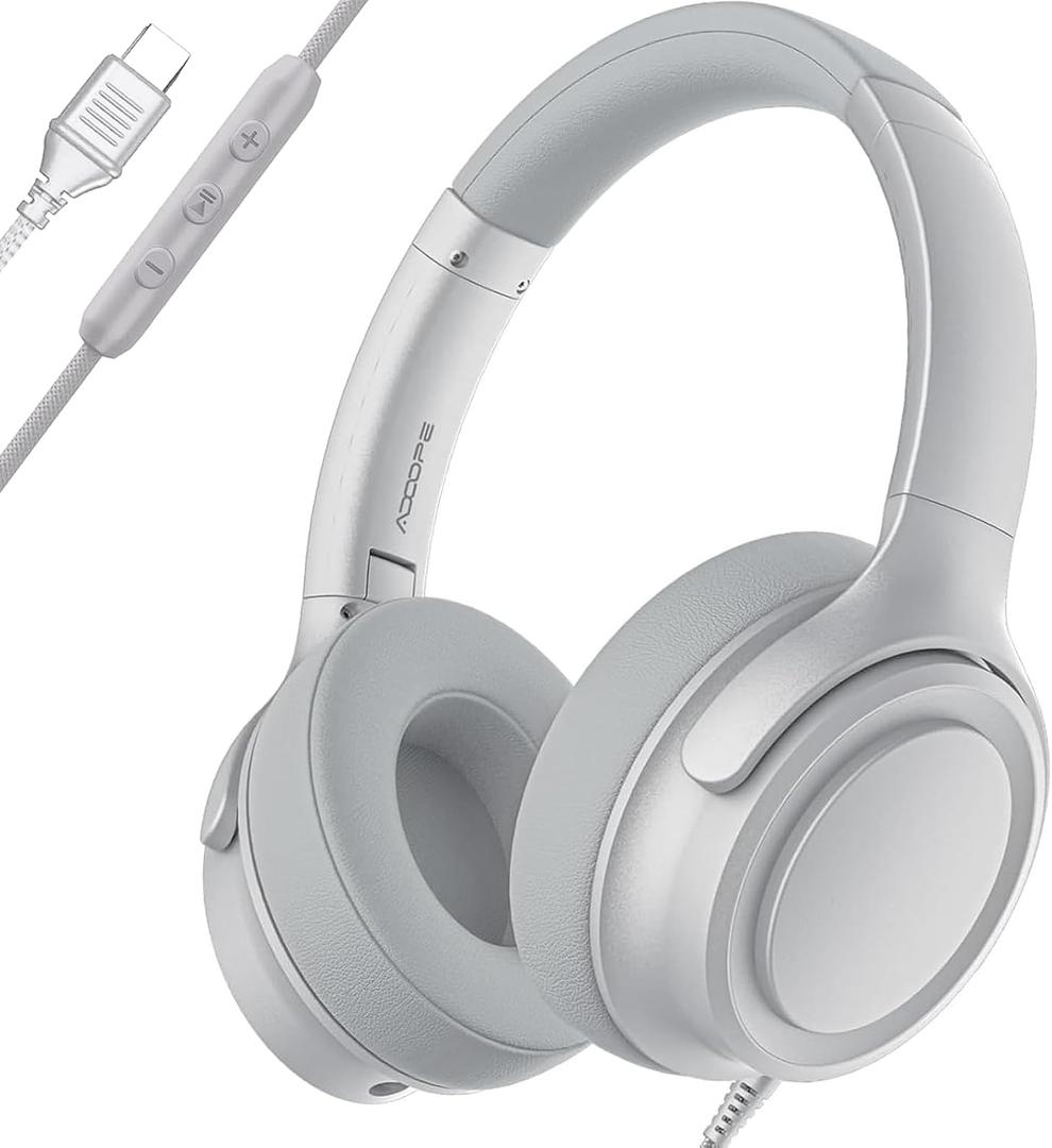 Wired Over-Ear Headphones with USB C Connector, Hi-Fi Stereo Sound, Noise-Isolating Ear Cups, Comfortable Fit for USB C Devices (No Bag, Silver)