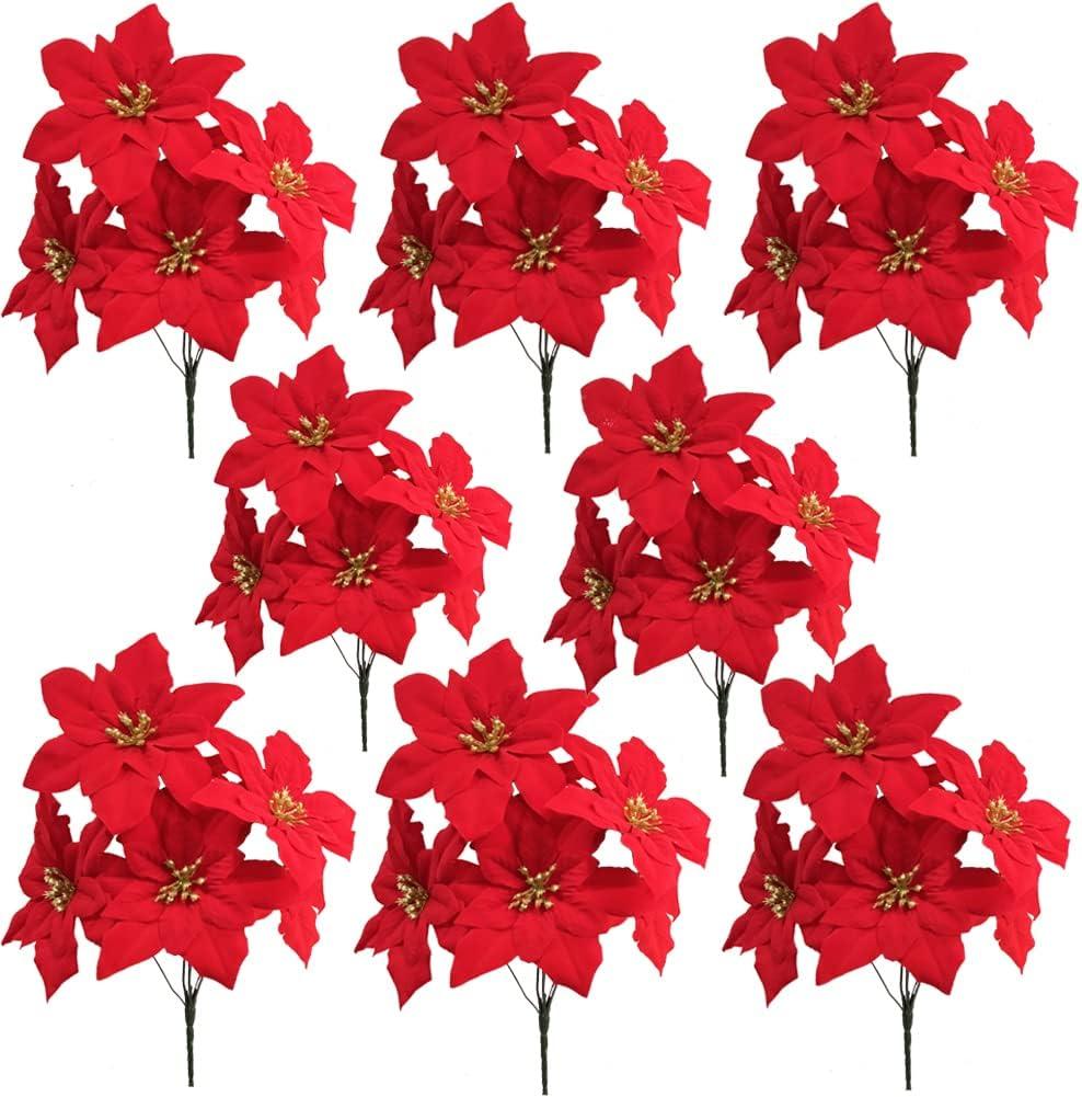 WISTART 8 Pack Christmas Artificial Poinsettia Flowers Velvet Plastic Floral Bouquet Small 7 Head Silk Red Shrub Fake Flowers Arrangement for Winter Indoor Outdoor Home Porch Xmas Holiday Decor