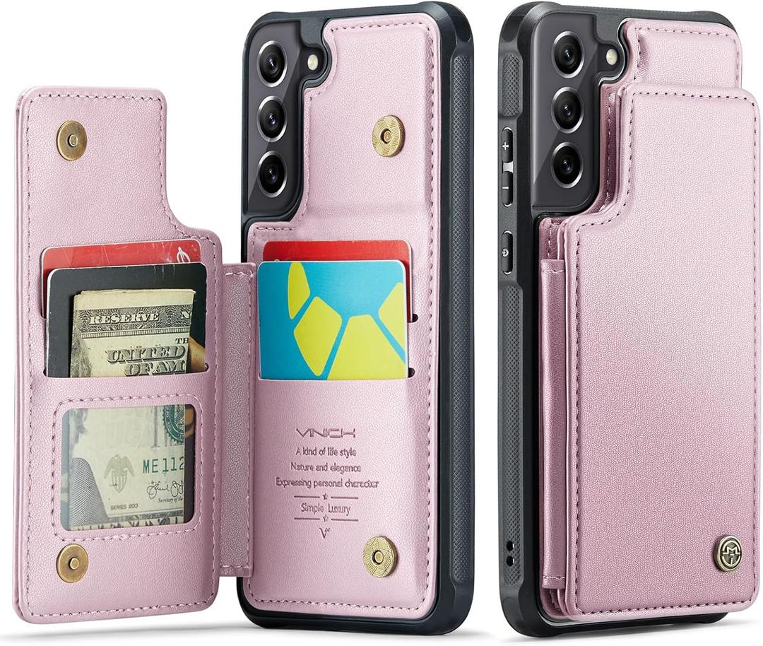 Vinich for Samsung Galaxy S21 FE Wallet Case with Card Holder, RFID Blocking Credit Slots Kickstand Shockproof Phone Cover Fit for Galaxy S21 FE 6.4" Rose Gold (Pink)