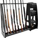 Wooden Gun Rack with Holder,Floor Standing Rifle Rack,Holds 10 Long Guns and 8 Handguns,Heavy-Duty Firearm Storage Organizer for Home or Garage,Black