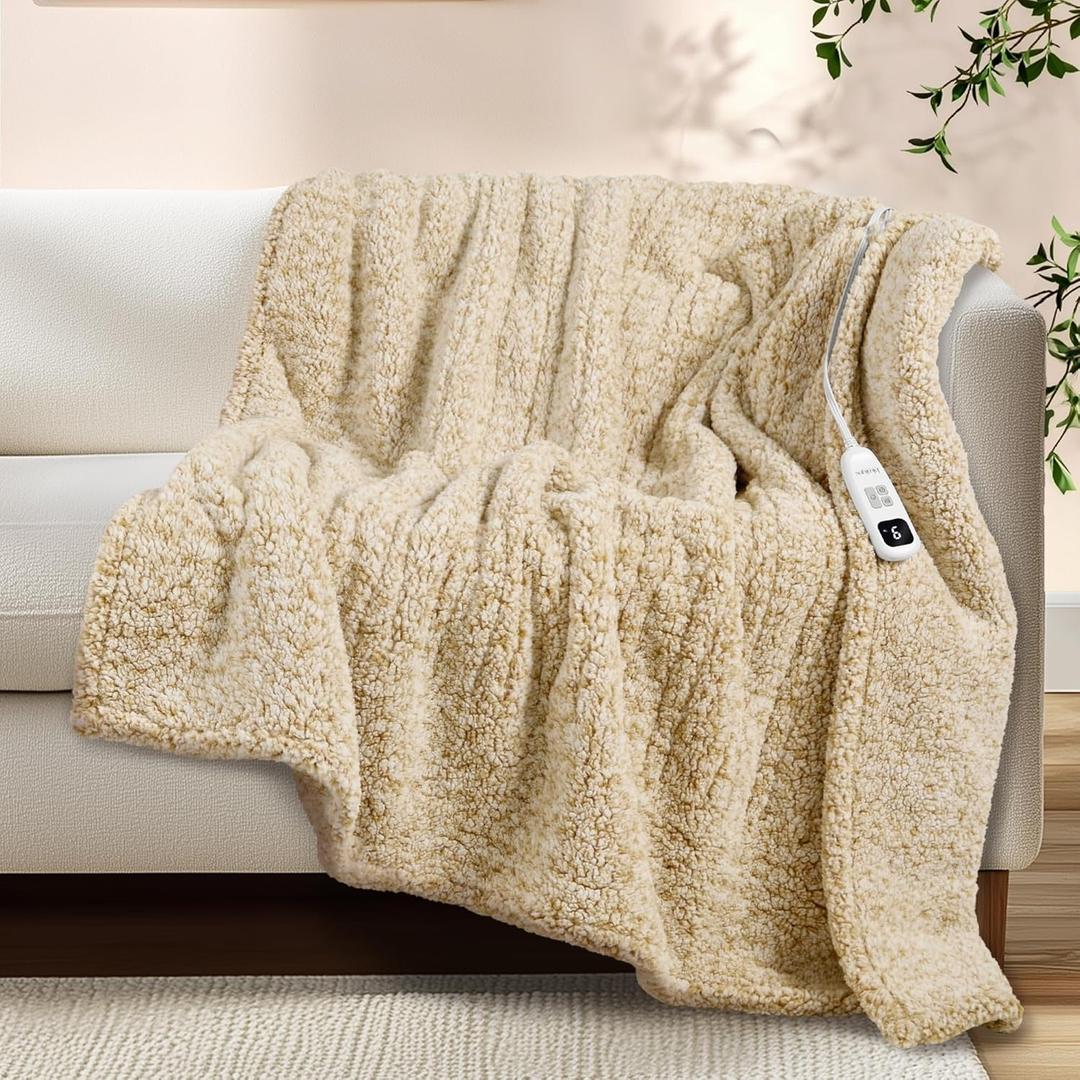 Heated Blanket Electric Blanket Throw - Fast Heating Blanket Throw Double Sided Sherpa Ultra Soft Cozy with 10 Heating Levels & 2-10 Hours Auto Off, Mashine Washable, 50 x 60 Inches, Camel