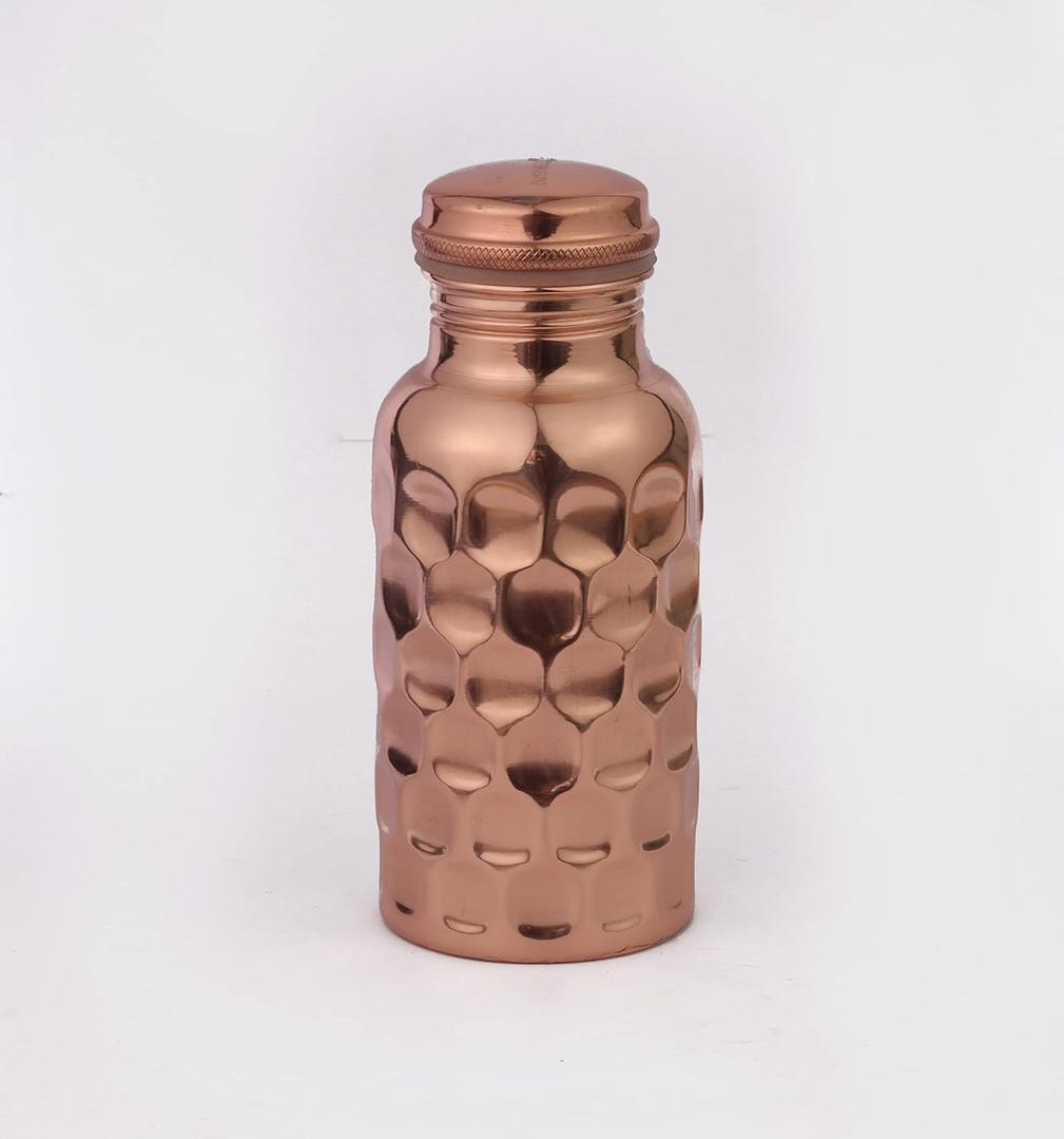 100% Pure Copper Diamond Hammered Water Bottle 17 Oz with Lid  Ayurvedic Bottle  Vessel - Drink More  Small -Leak Proof
