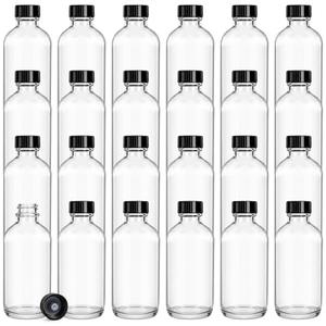Bekith 24 Pack Clear Boston Round with Black Poly Cone Cap, 4 oz Clear Glass Bottles Sample Bottles for Juice, Ginger Shots, Oils, Whiskey, Liquids One Missing