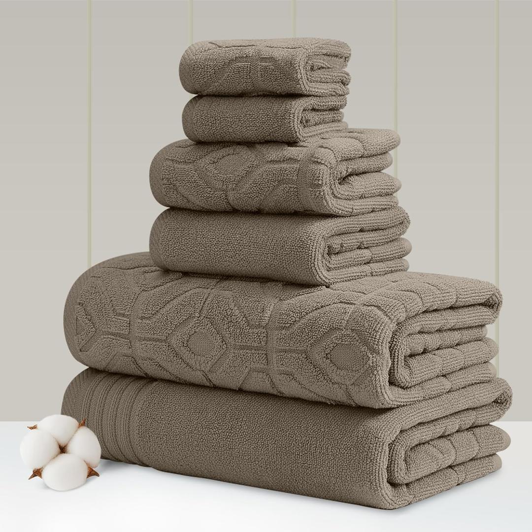 Modern Threads 6 Piece Cotton Bath Towel Set  Ultra Soft 550 GSM Towels  Bathroom Set with Hand Towels and Washcloths  Geometric (Classic Taupe)