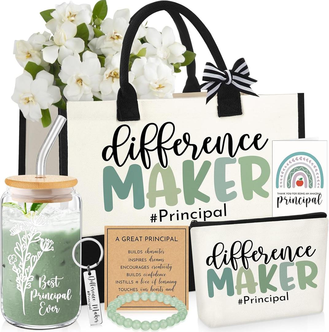 8 Pcs Principal Appreciation Gift for Women Men Difference Maker Tote Bag Cup for School Graduation Retirement Gift(Green)