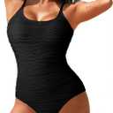 Pink Queen Womens One Piece Swimsuits High Waisted Tummy Control Bathing Suit Textured Swimwear (Small, Black)