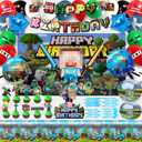 Pixel Game Themed Birthday Decorations, Pixel Game Party Supplies Set, Includes Birthday Banner, Balloons, Inflatable Swords, Backdrop, Tablecloth, Cake Toppers, Plates and Tableware. 6 Piece