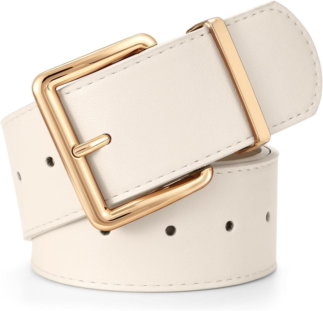 WERFORU Women Wide Belt for Dresses Thick Leather Belt with Big Gold Buckle Fashion Women Chunky Belt, Beige